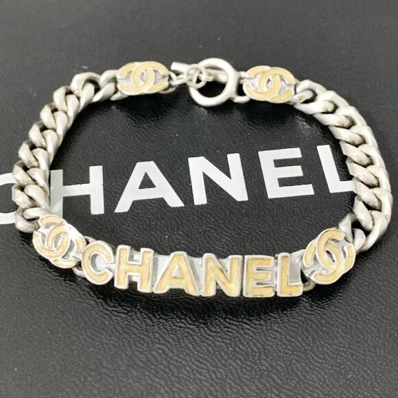 CHANEL Yellow CC Logos Chain Bracelet 7.5" Silver Tone 00T Auth